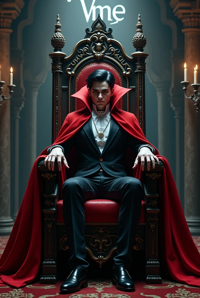 age Dracula on his throne with the writing vme in the background