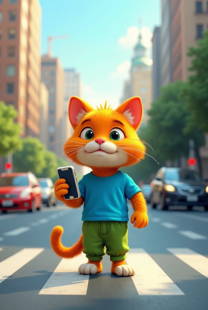 An orange cat wearing a blue shirt and green pants walks in the middle of an intersection while holding a phone.