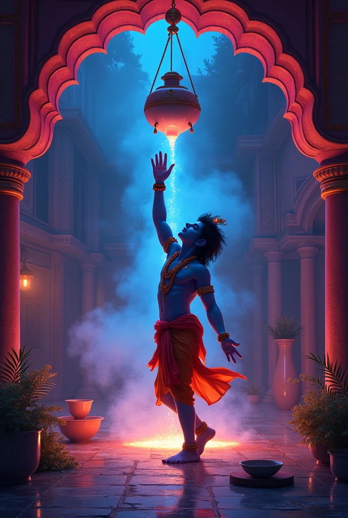 Lord Krishna at breaking dahi handi placed at top inside the house at night with neon lights