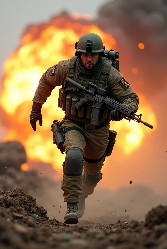 a realistic armed soldier with full equipment, holding a weapon, running from an explosion, detailed, realism, realistic