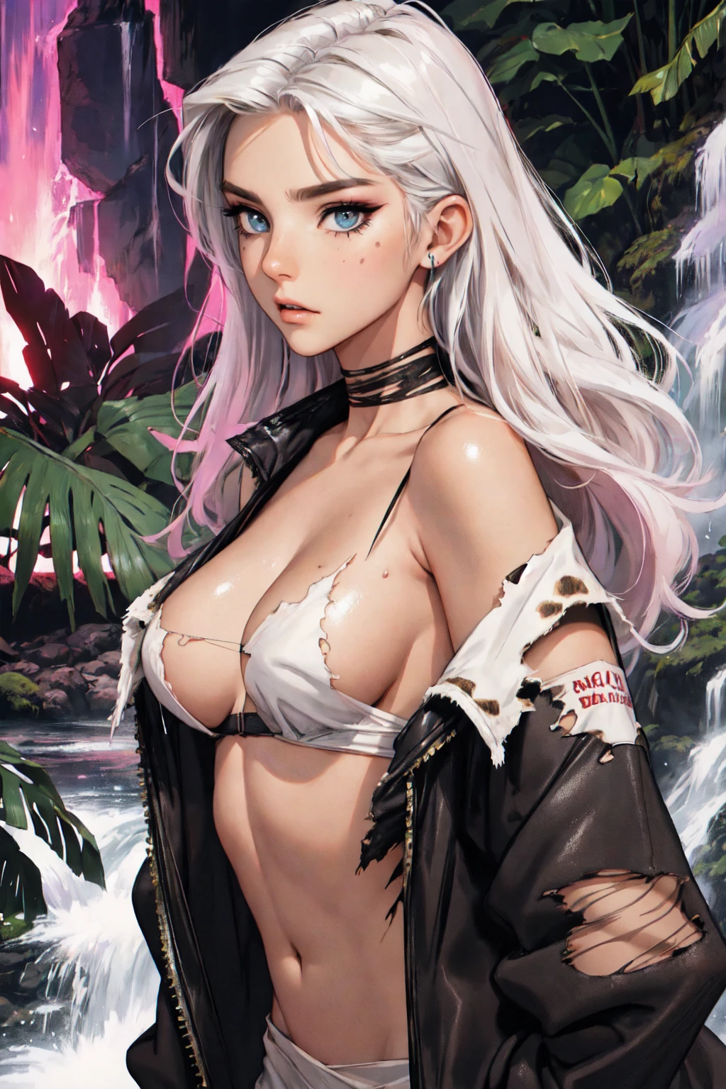 (lifelike, high - resolution:1.3), 1 girl with a perfect body,slender body, Super fine face and eyes,assasin, dark makeup, shiny skin,white hair,((torn and ripped jungle clothes underneath sheer jacket), Expose cleavage, extravagant makeup, pink eyeshadow, dark makeup shocked expression, shiny skin, action pose, extravagant makeup, leopard print,t, savage lands, feral lands, (waterfall, soaked), grey blue eyes