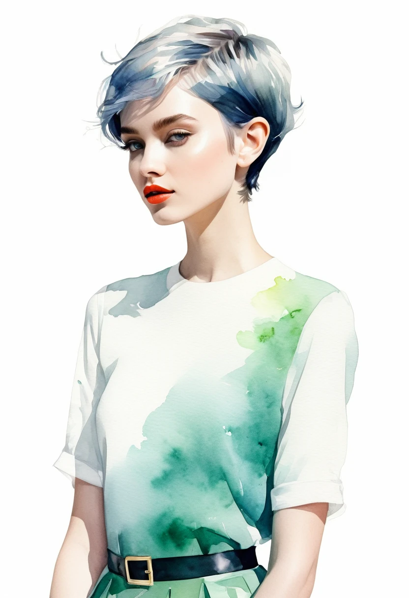 Short Hair Girl Elf Modern Art, Minimalism, Modern Elegance, Dream Core, Fancy Fashion , Fusion of watercolor and digital illustration, Clean colors, Simple and vibrant