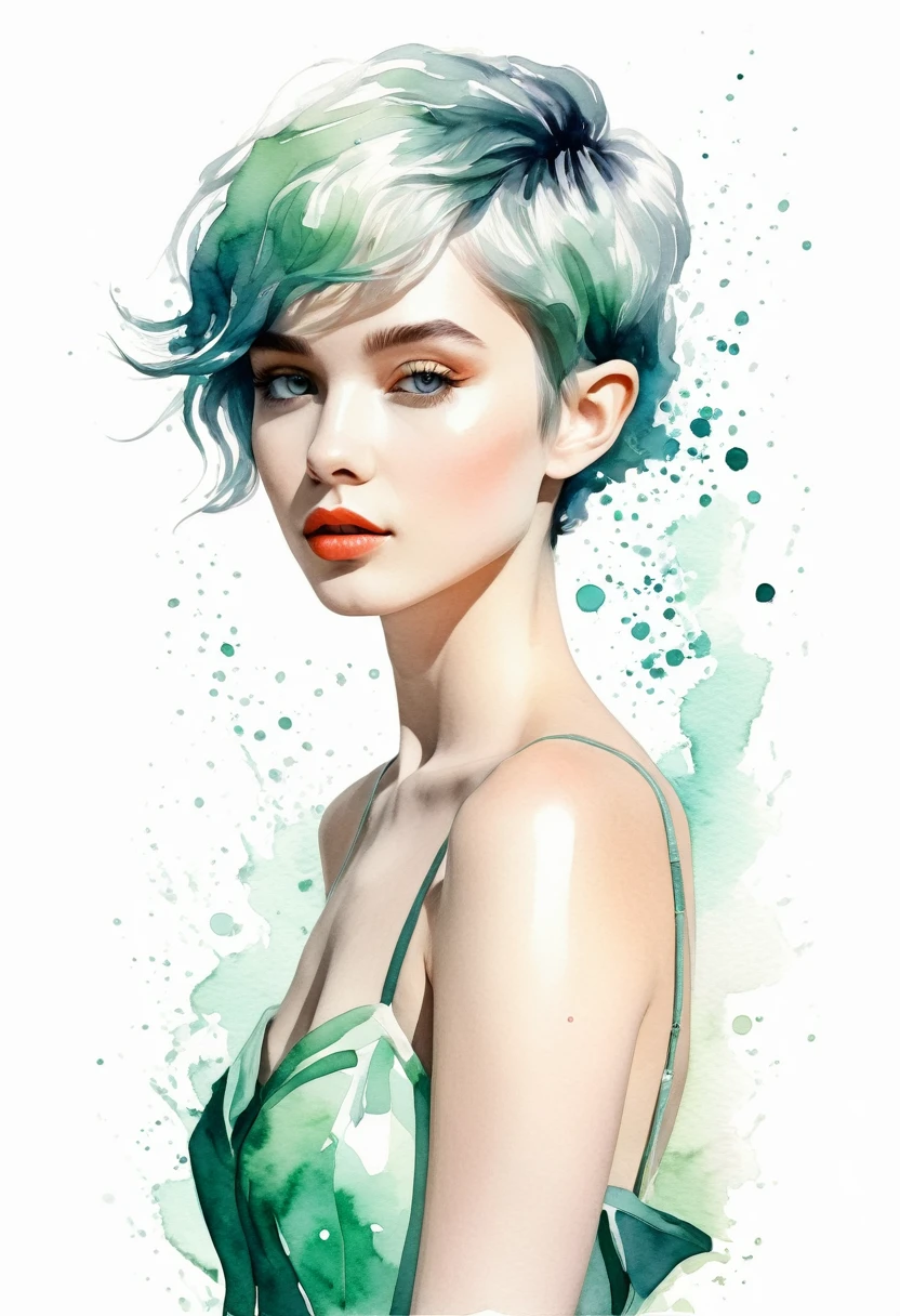Short Hair Girl Elf Modern Art, Minimalism, Modern Elegance, Dream Core, Fancy Fashion , Fusion of watercolor and digital illustration, Clean colors, Simple and vibrant
