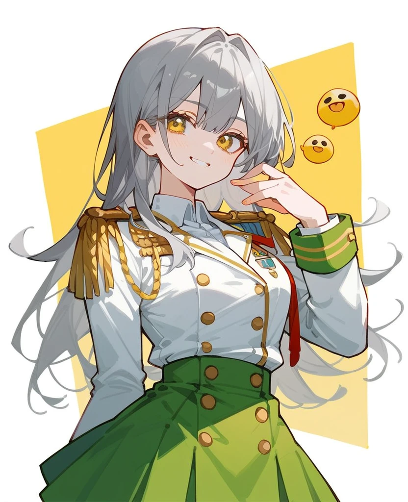yellow eyes, smiley face, gray hair, White shirt, green skirt, ((high quality)), 1 woman, long hair, Green epaulettes
