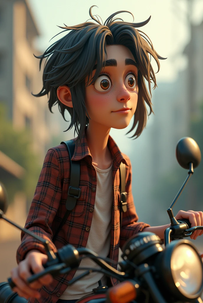 skinny man , 175 tall , plaid shirt , with your honda biz.
expressive eyes, delicate nose , piercing in the mouth and long hair down to the neck.
Make the character inspired by the Disney Pixar animation