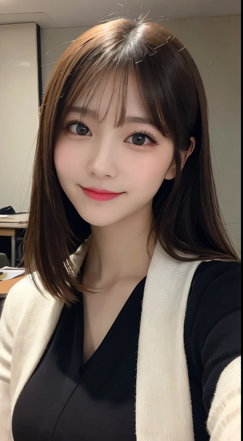 Tabletop, Highest quality, shape, Very detailed, finely, High resolution, 8k wallpaper, 完璧なダイナミックな構shape, Beautiful and detailed,ランダムなcute髪,,Natural color lip, Bold sexy pose,smile、20-year-old girl、cute、Looking into the camera,Always blur the background,Perfect and beautiful face,Slim face and figure,Big eyes、Putting on gal makeup,Small face,Shooting from below、smile,Blurred Background,Elegant feminine face、Cyberpunk Fashion、smile、Cosplay（ female teacher）