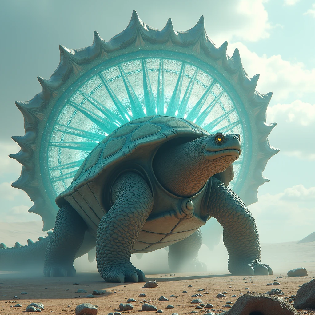 A giant dragon-like turtle, 3D Rendering, Ultra-fine detail, high quality, High resolution, 最high quality,Giant photochemical shield,Shield exhibition around the turtle