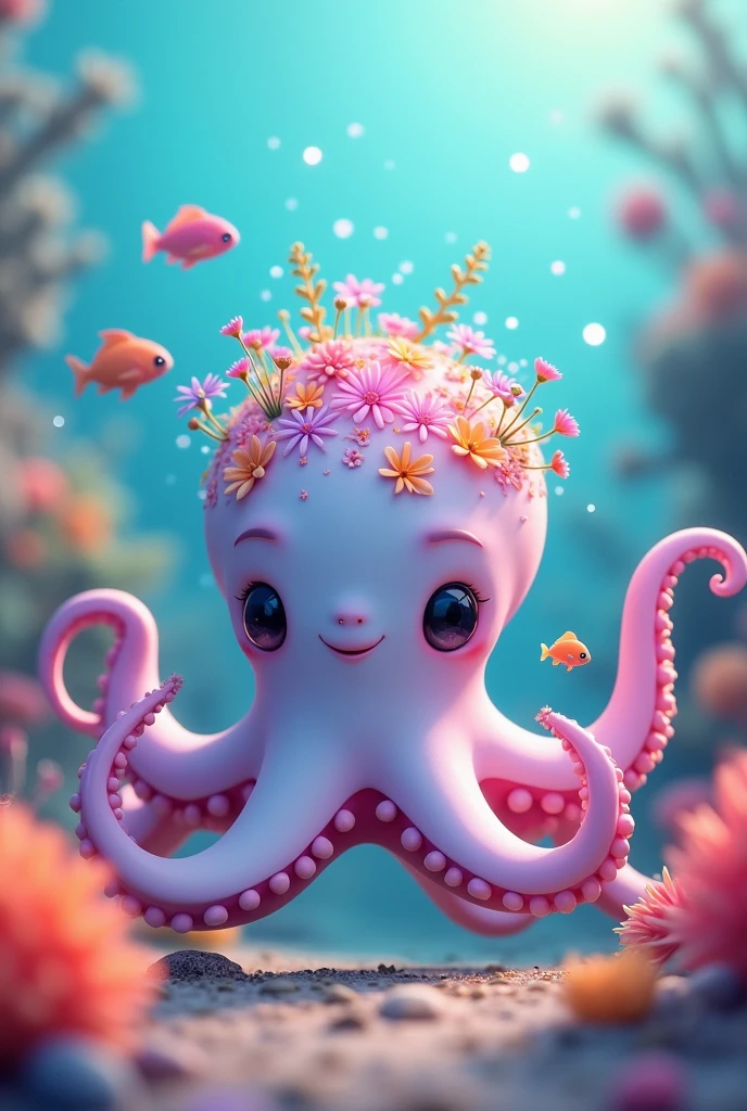 A highly detailed, photorealistic 4K image of a whimsical underwater scene featuring a small, adorable octopus with a slightly cartoon-like appearance. The octopus has large, expressive eyes that give it a sweet, friendly look, and its skin is a blend of soft pastel colors like pink, lavender, and light blue. Delicate, tiny flowers and aquatic plants grow on its head and tentacles, giving it a unique and enchanting appearance. The background is a vibrant underwater world filled with various colorful corals, sea anemones, and glowing bubbles. Sun rays penetrate the water, creating a serene and magical atmosphere, with beams of light gently illuminating the scene. Small, colorful fish swim close by, adding to the lively and fantastical underwater environment. Art style: Fantasy realism with nature elements. Lighting: Soft dappled sunlight, caustics effect. Camera: Close-up shot, slight tilt for dynamic perspective. Render: Octane Render, 8K resolution.