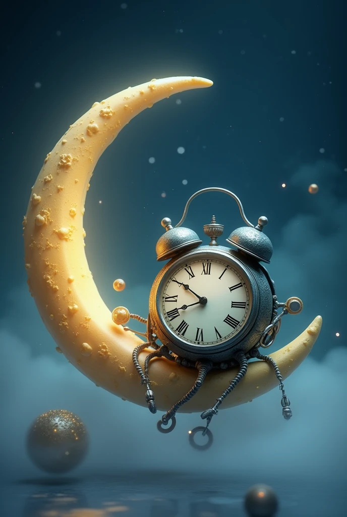 A fantastic clock sleeping on a beautiful crescent moon