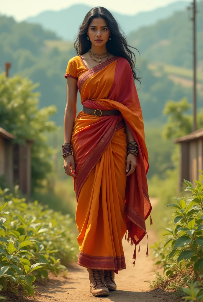 Indian girl in riding boots with saree
