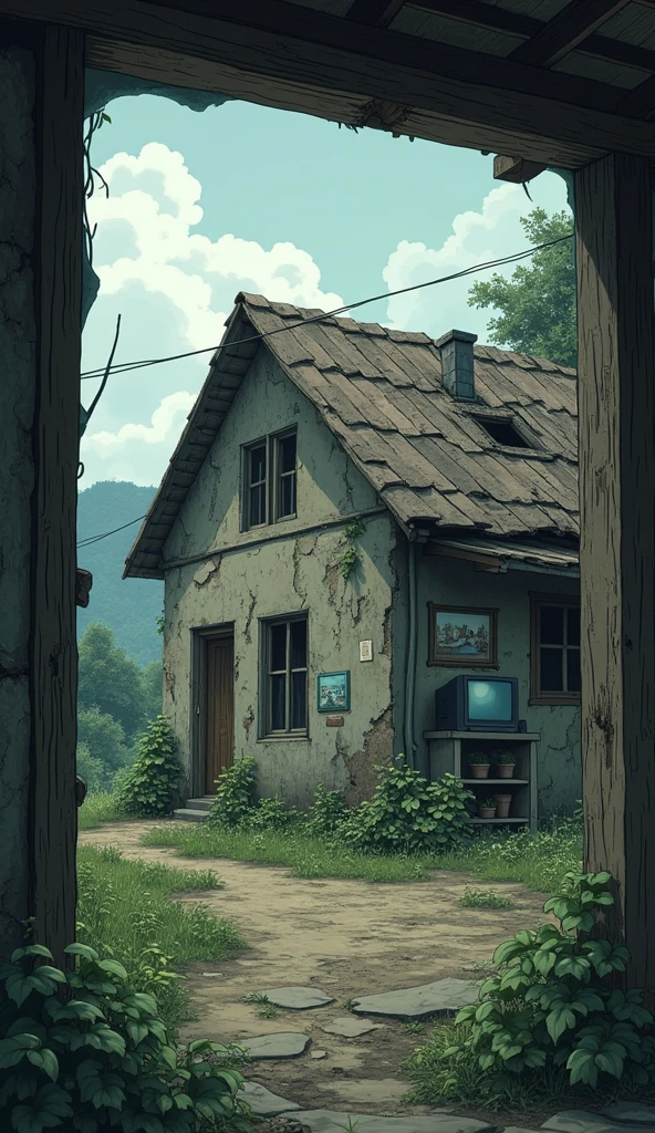 2D anime a big rough mud house his window is broken , tv , photos on wall, mini plants on shelf are showing us through this window from out side poor vibes ,cloudy day