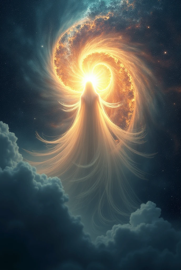 "A symbolic representation of God as a cosmic energy, a radiant, enveloping light that emanates power and serenity. Ao fundo, the universe, with nebulae and stars, suggests that God is present in everything, transcending human understanding."