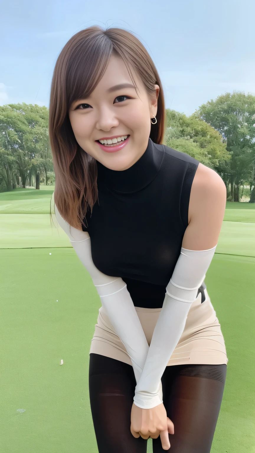 Highest quality、8k、masterpiece、Ultra-high resolution、Clear photos、Professional Lighting、Natural light、Realistic,、Highly detailed skin、Perfect Anatomy、(Beautiful Hands)、(Beautiful fingers)、One Woman、 25、Bab6、Large Breasts、(Large areola)、Glamour、Bob Hair、Brown Hair、Beautiful Hair、(Squint your eyes and laugh:1.2)、Golf Wear、((Sleeveless knit:1.1))、(High neck)、((Perfect Pantyhose:1.4))、((Black Pantyhose:1.1))、Micro Mini Skirt、on the golf course、Playing golf、(((Above the knee shot:1.1)))