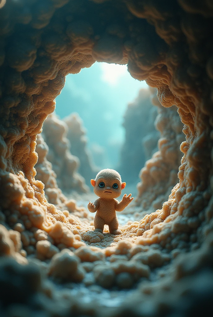 The image taken with an electron microscope、It features a small character trying to communicate something., Rounded cropped image, Conceptual installation art, (Super detailed, The absolute solution, Highest quality:1.3), 2.5D, Subtle and dynamic effects, artistic, Hyper, Graphic CG Digital Fantasy Art
