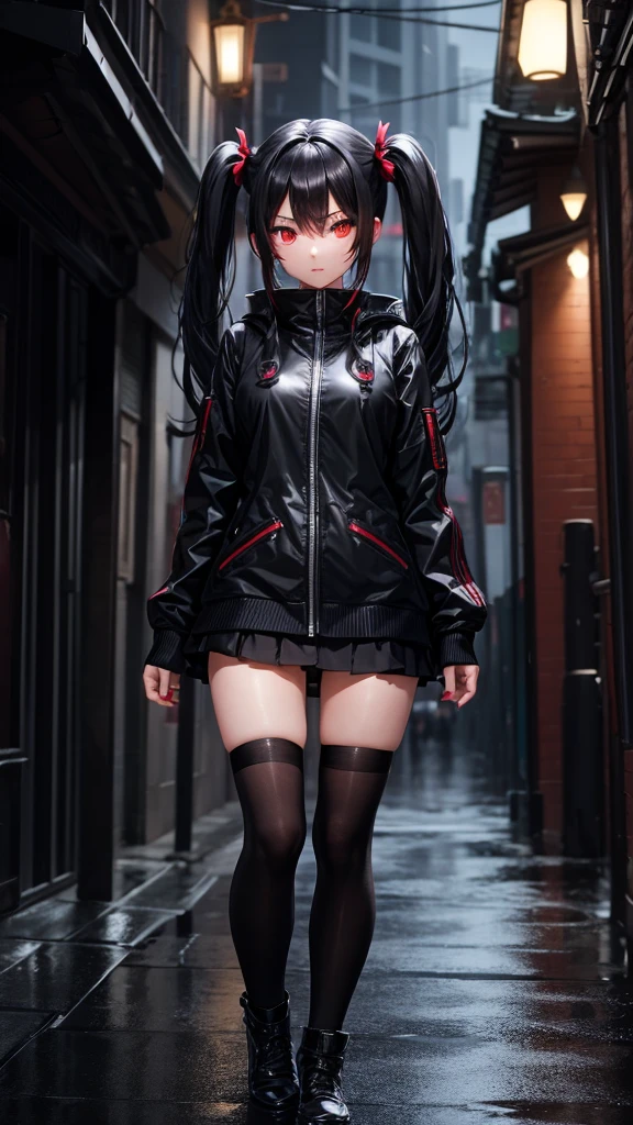 One girl, Red eyes, High-resolution model, Twin tails, Black Hair, Rainy night,Alley,An evil look,Black Mask,