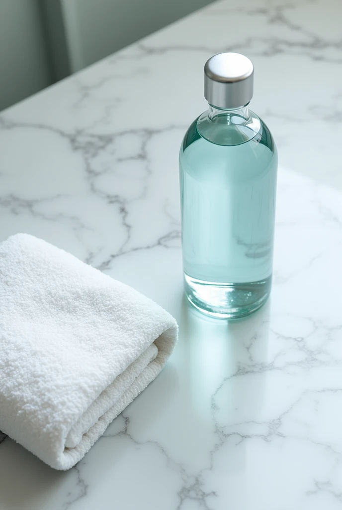 Bottle of water and towel on a marble table、Angle of view from above、Ultra HD
