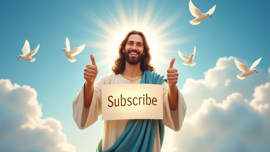 THUMBNAIL for youtube jesus giving a thumbs up with a sign saying subscribe in his hands being illuminated with a background of blue sky and clouds and white doves
