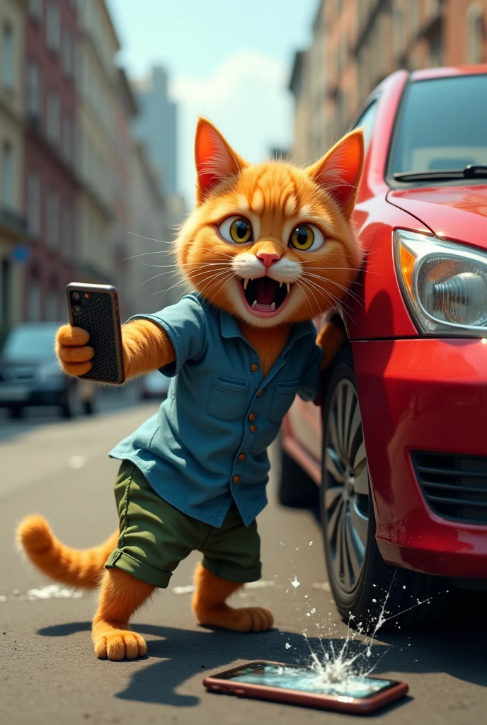 An orange cat wearing a blue shirt and green pants was hit hard by a red car and dropped his phone.