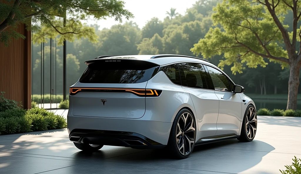 showroom park a ((MPV Van mixed with tesla)), with modern electric car design, double cabin, ((Shot from behind)), image luck like real and room note a luxury