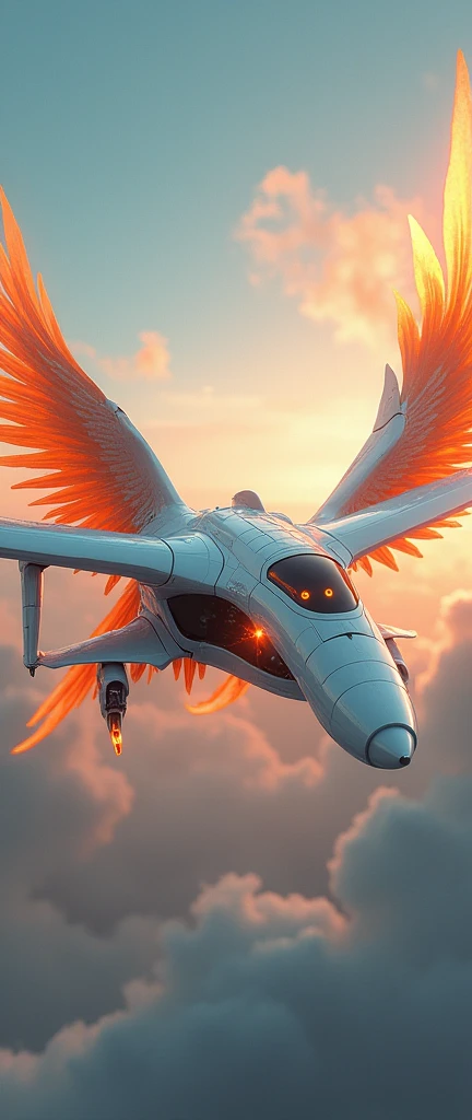 a phoenix airplane macha from white metal, soaring on the sky, metal reflection body, cinematic lighting, spreading the wings and gliding, gliding pose, glowing orange eyes, glowing steel orange wings, glowing steel orange tails, iron claw, bright color, morning glory cloud background, highly detailed, futurism, sci-fi theme