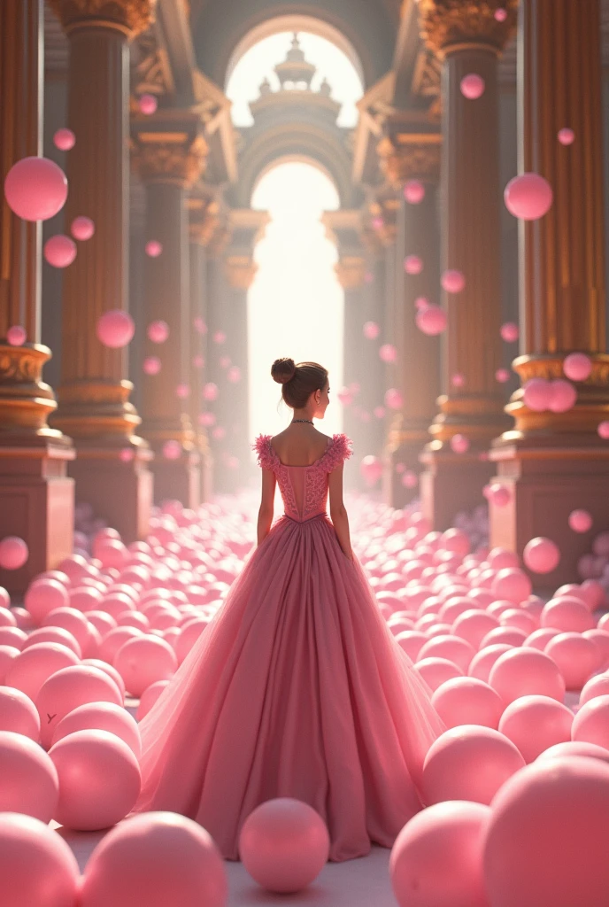 Queen girl, a royal palace with many pink balls laid out,