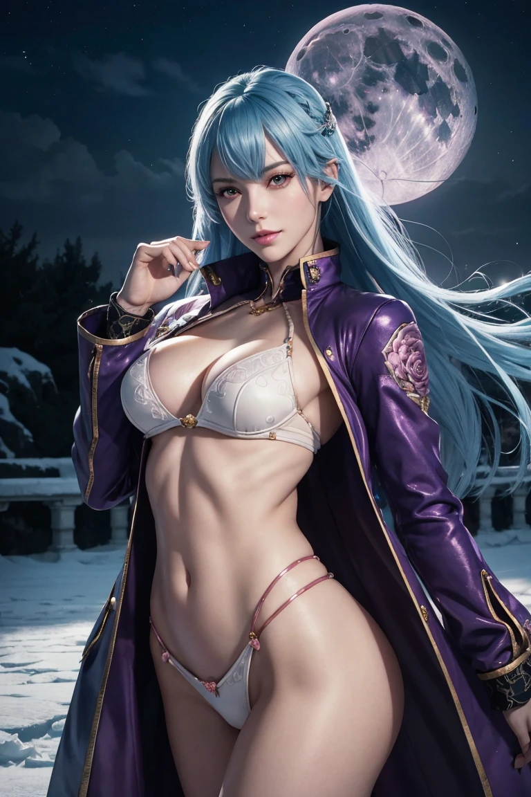 KOF,King of Fighters,Cooler･diamond,woman,Red Eyes,Light Blue Hair,long hair,Purple long jacket,Beautiful white skin,Photorealistic,Ultra HD,high quality,masterpiece,Digital SLR,Detailed details,Intricate details,Anatomical basis,Depicted in detail,A detailed face,Realistic skin texture,Vivid details,Perfect Anatomy,Perfect Anatomy,Anatomically correct hand,Anatomically correct fingers,Super Detail,Complex 3D rendering,Sexy pose,Fantasy worldview,Beautiful pale full moon,,Beautiful night sky,The petals of the ice rose flutter,Picturesque,Pink Lips,smile,