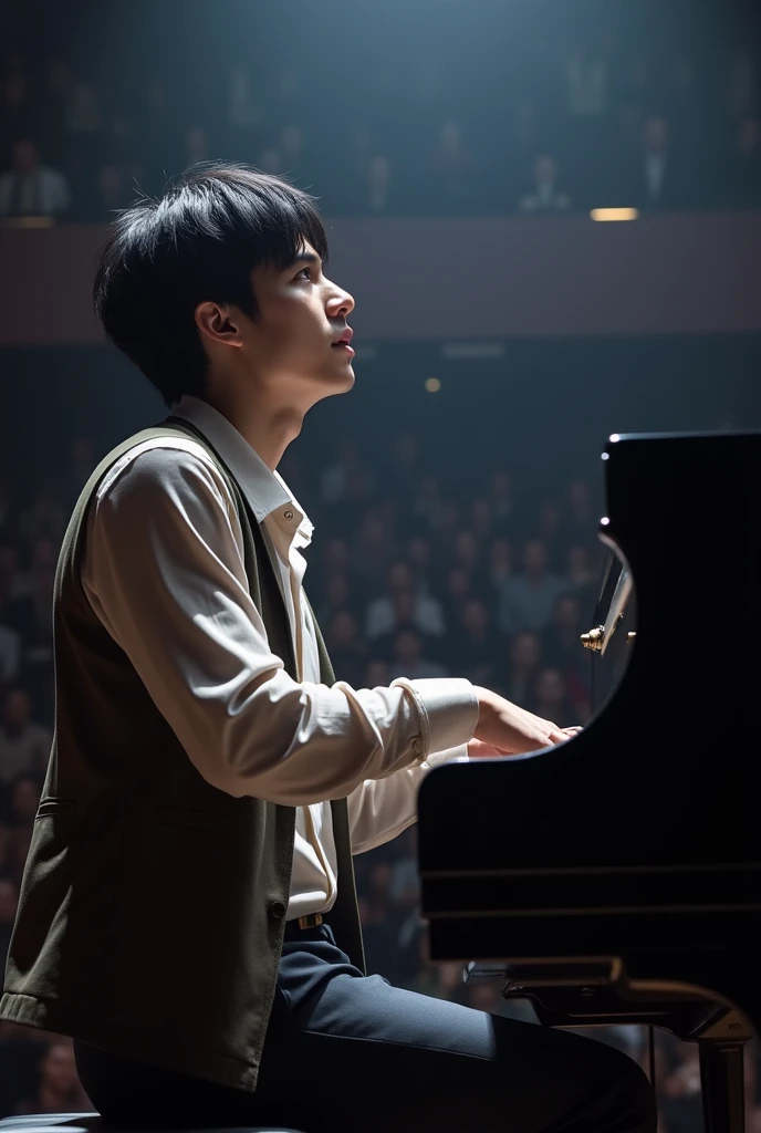 pianist Performing male 30th Generation Black Hair shirt Open-neck jacket Look up