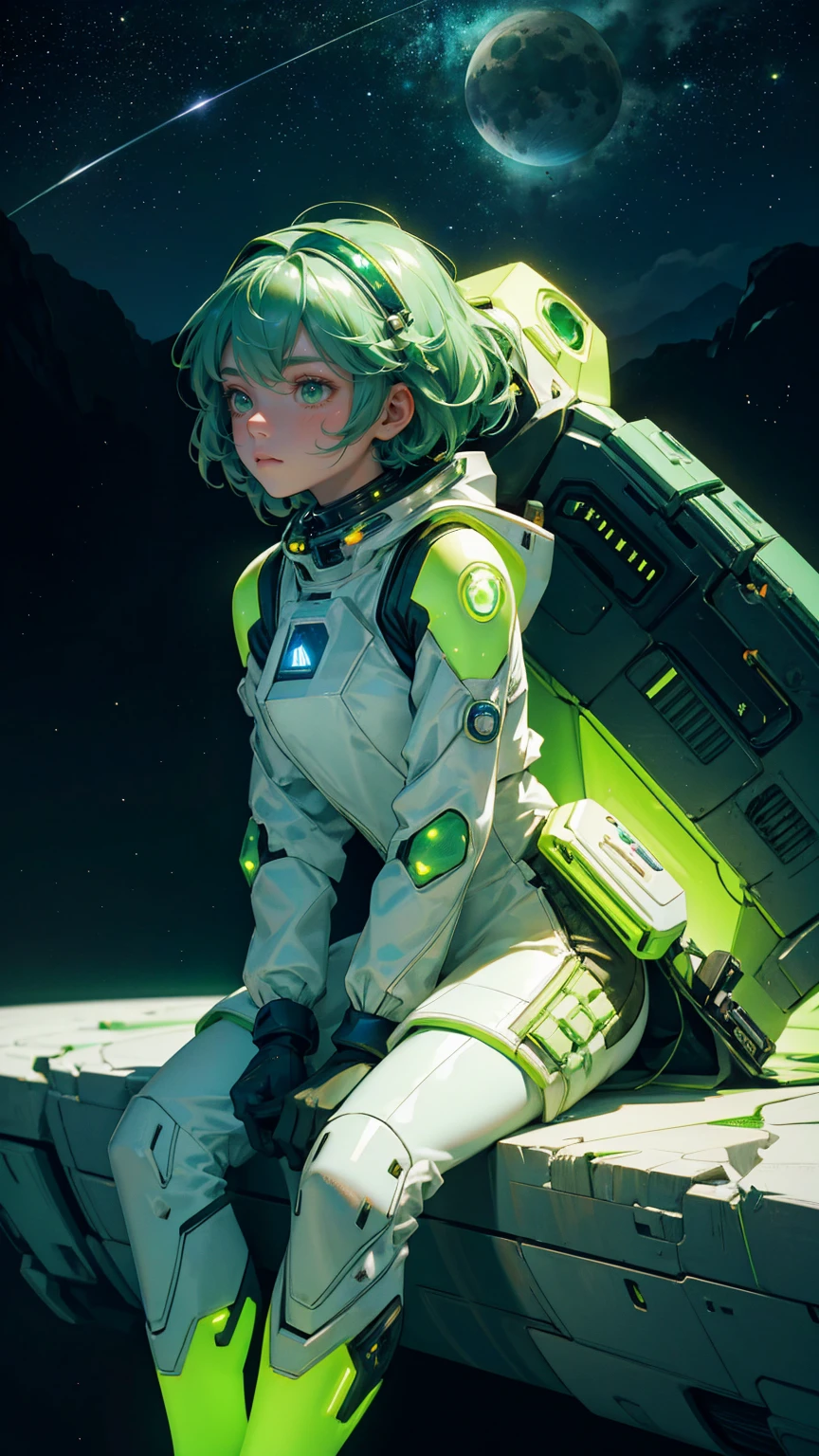A beautiful, cute girl in a futuristic green astronaut suit, sitting on the surface of a distant moon with a serene expression. Her suit is detailed with glowing green panels and high-tech elements, reflecting the starlight around her. In the background, a large, green-hued planet glows softly amidst a star-filled cosmic sky. Digital currency coins are scattered on the rocky lunar surface, adding a sci-fi financial twist to the scene. The stars twinkle brightly, and the entire composition is bathed in varying shades of green, creating a tranquil yet adventurous atmosphere in space."