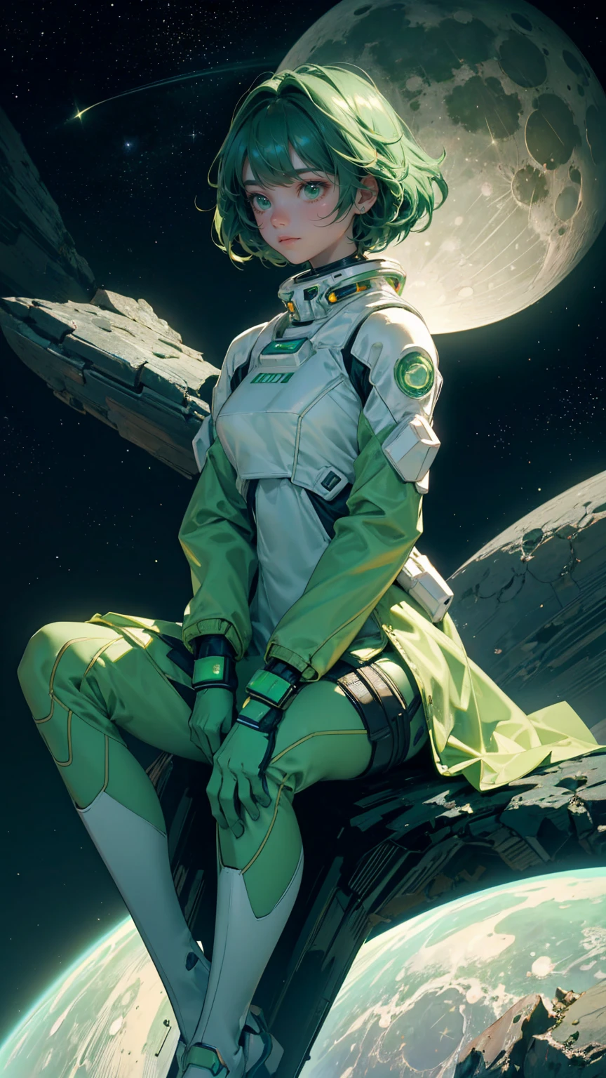 A beautiful, cute girl in a futuristic green astronaut suit, sitting on the surface of a distant moon with a serene expression. Her suit is detailed with glowing green panels and high-tech elements, reflecting the starlight around her. In the background, a large, green-hued planet glows softly amidst a star-filled cosmic sky. Digital currency coins are scattered on the rocky lunar surface, adding a sci-fi financial twist to the scene. The stars twinkle brightly, and the entire composition is bathed in varying shades of green, creating a tranquil yet adventurous atmosphere in space."