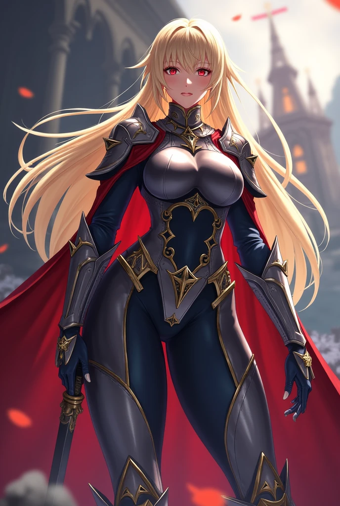 gothic Supergirl blonde with dark medieval armor