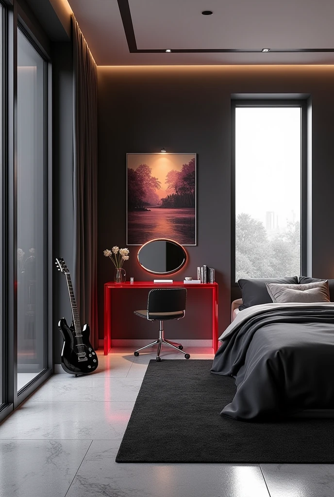 Professional 3d architecture rendering design of modern girl age room with modern dark bed and modern red glassy makeup table and glassy chairand glassy black gitar And modern windows and beautiful and modern painting wall with tailor suieft painting and modern windows and showing complete bed room and light gray stone for floor and elegant dark carpet