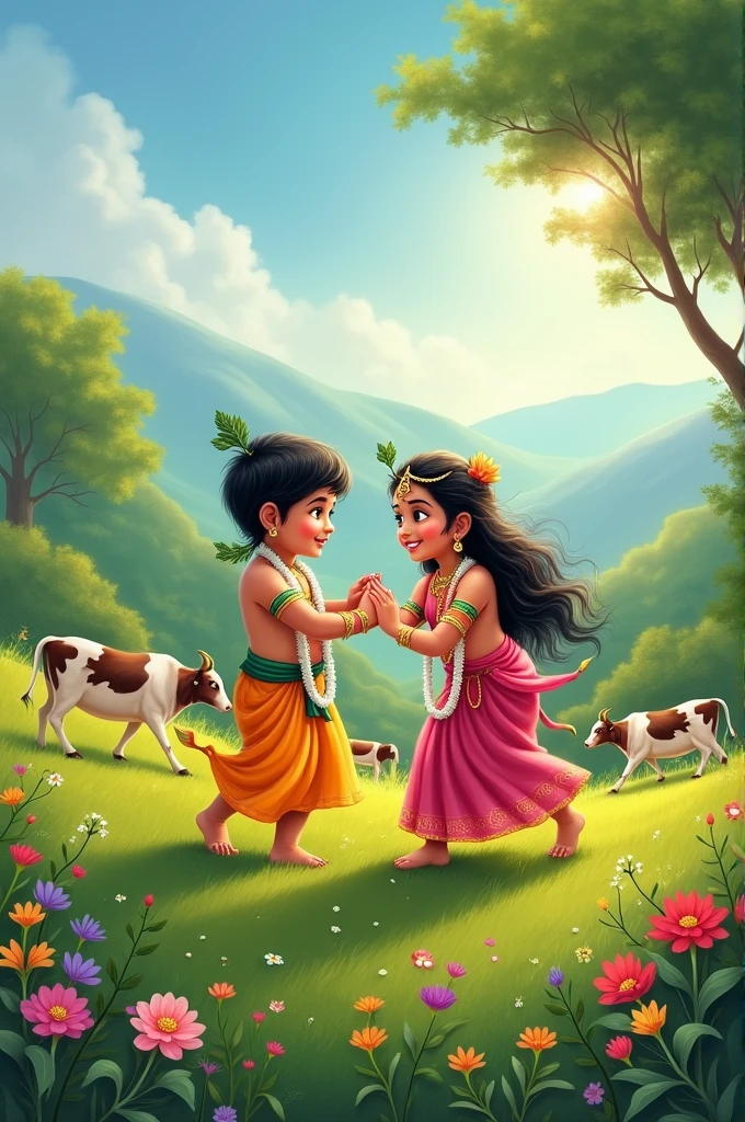 Little radha and krishna playing in grass, green mountains in background, small cows, flowers 