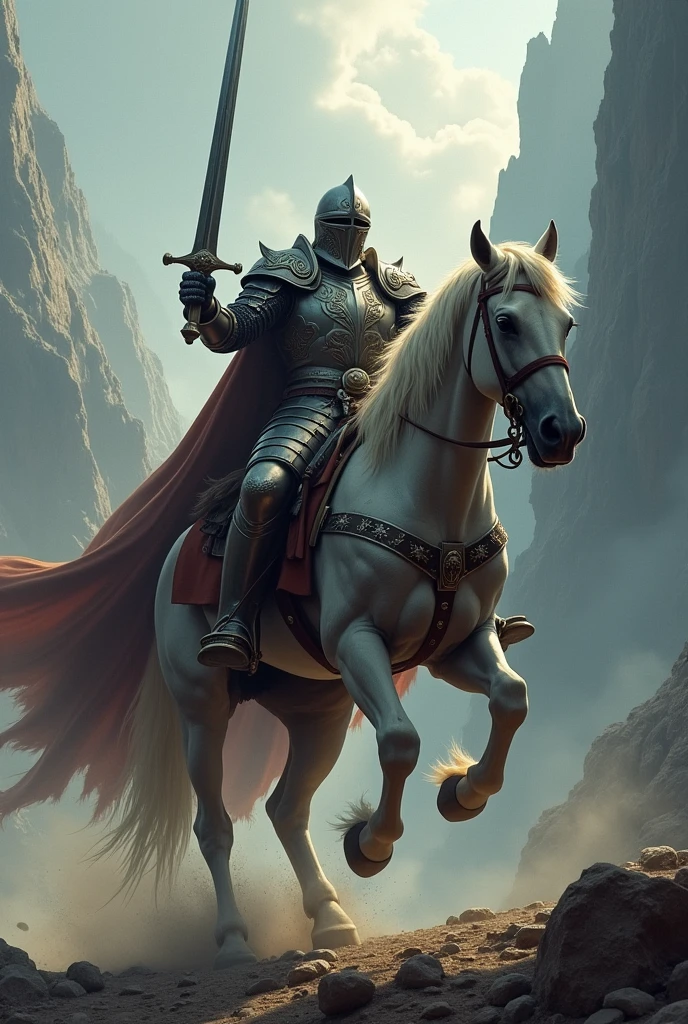 A men with knight clothe, on the horse, holding sword.