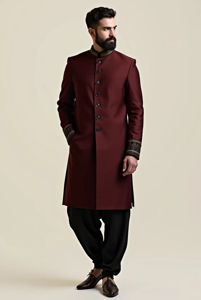 To design a minimalist yet royal and elegant Indian groom outfit in black, maroon, and coffee brown, here’s a concept:
### **Outfit Description:**
1. **Sherwani:**
- **Color:** Deep maroon.
- **Fabric:** Luxurious silk or velvet for a rich feel.
- **Design:** A straight-cut, knee-length sherwani with a minimalist approach. Subtle embroidery in black thread along the collar, cuffs, and front placket. The embroidery should have geometric or floral motifs, staying understated yet sophisticated.
- **Buttons:** Black, handcrafted buttons with a matte finish, adding a modern touch to the traditional attire.
2. **Inner Kurta:**
- **Color:** Coffee brown.
- **Fabric:** Lightweight silk or cotton-silk blend.
- **Design:** A simple, collarless kurta with a slightly longer hemline that peeks out from under the sherwani, adding depth to the outfit.
3. **Churidar Pants:**
- **Color:** Black.
- **Fabric:** Stretchable cotton-silk blend for comfort.
- **Design:** Fitted churidar that complements the regal look without overpowering the sherwani.
4. **Footwear:**
- **Style:** Traditional juttis or mojaris.
- **Color:** Black with maroon detailing or maroon with black detailing.
- **Design:** Subtle embroidery or patterns that match the sherwani’s design.
5. **Accessories:**
- **Turban:** A maroon turban with a black or coffee brown border. You can add a minimalist brooch or pin in gold or silver with a black stone for a touch of elegance.
- **Pocket Square:** A pocket square in coffee brown silk, neatly folded, peeking out of the sherwani’s chest pocket.
- **Watch:** A sleek, black or coffee brown leather-strap watch with a minimalistic design, adding a modern touch to the traditional ensemble.
6. **Beard Grooming:**
- A well-groomed beard, neatly trimmed and shaped to maintain a clean and royal appearance, enhancing the overall look.
### **Summary:**
This outfit is designed to be elegant and royal, while still being minimal