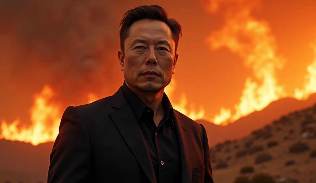 Create a visually striking image of Elon Musk with California burning in the background.