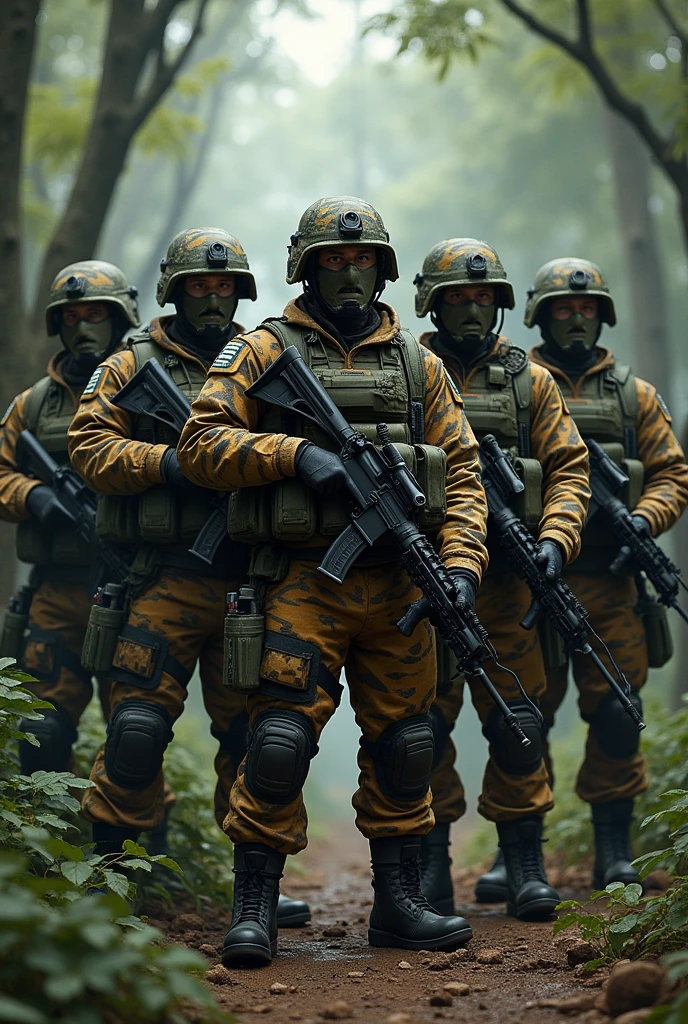 6 troops stand together with RPG-28 & M4 carbine rifle. their uniform is same as Tiger's skin design. c