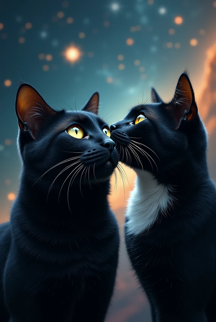 ultra realistic, cinematic, Close up of 2 cat faces, a black one from the front with yellow-green eyes looks at the stars, a black one with a white chin and white throat sniffs the cheek of the first cat, stars and galaxies in the background. 