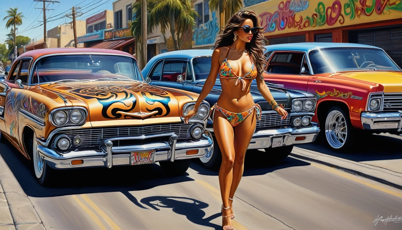 Photo of a woman in a bikini walking down the street, chicano airbrush art, standing in front of lowrider, swagger! lowrider culture, lowrider style, lowriders, jim warren, lowbrow art style, james gurney painting style, by Art Fitzpatrick, by Howard Lyon, beautiful retro art, arte lowbrow style, greg hildebrandt highly detailed