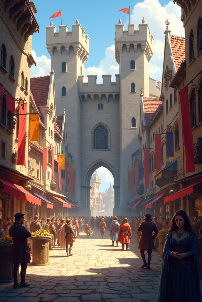 The castle courtyard of a medieval lively castle in color