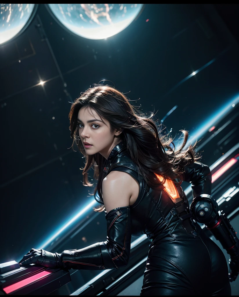 (Photo realistic), (highly detailed face), (masterpiece), Full shot, (full body),, movie poster, dark sci-fi, action, featuring 2 people, Shah Rukh Khan and Preity Zinta as space pirates, Scarlett has long brown hair, Shah Rukh Khan is holding a gun. immersive space background, both wearing futuristic space suits, dynamic action, explosions, aliens, treasures, dark light, neon light, space nebula, hdr, RAW photo, depth of field, film grain, bokeh, 8k, full shot,