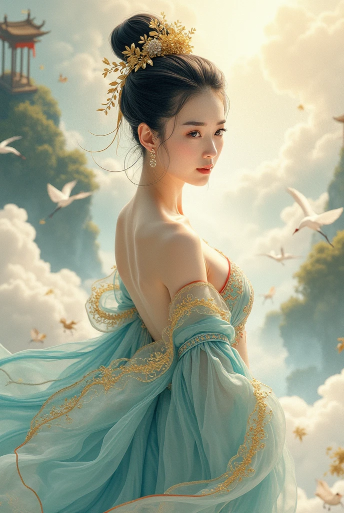 A beautiful dancer in ancient China,delicate lines,gorgeous costumes in ancient China,delicate and vivid,shy face,willow leaf eyebrows,personality depiction,coiled hair,gold leaf,flowing clouds,watercolor,crane surrounding,ink painting,gentle eyes,meticulous, color scheme,exquisite clothing patterns,by Gu, Kaizhi,Zhang Xuan,professional color grading,realistic style,soft shadows,clean and sharp focus,Flim photography,Panoramic View,32K --v 6