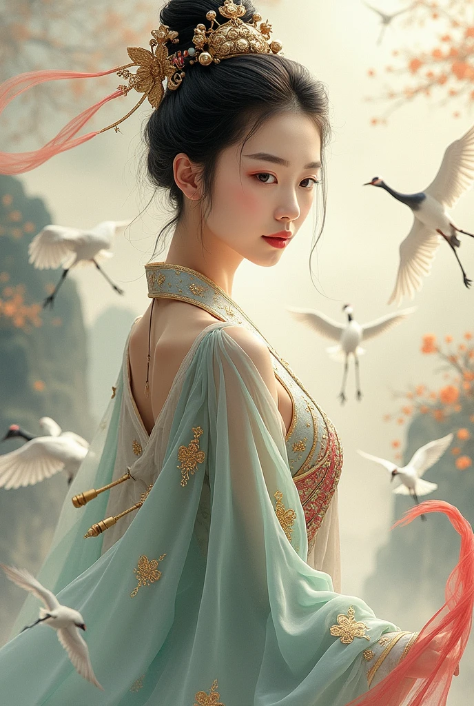 A beautiful dancer in ancient China,delicate lines,gorgeous costumes in ancient China,delicate and vivid,shy face,willow leaf eyebrows,personality depiction,coiled hair,gold leaf,flowing clouds,watercolor,crane surrounding,ink painting,gentle eyes,meticulous, color scheme,exquisite clothing patterns,by Gu, Kaizhi,Zhang Xuan,professional color grading,realistic style,soft shadows,clean and sharp focus,Flim photography,Panoramic View,32K --v 6
