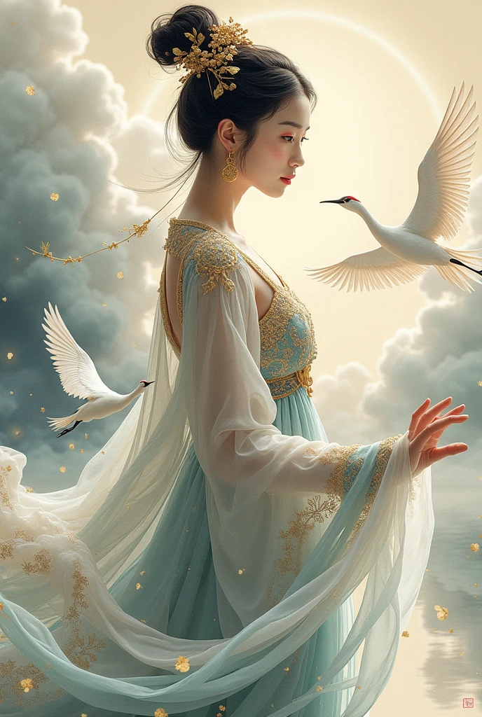 A beautiful dancer in ancient China,delicate lines,gorgeous costumes in ancient China,delicate and vivid,shy face,willow leaf eyebrows,personality depiction,coiled hair,gold leaf,flowing clouds,watercolor,crane surrounding,ink painting,gentle eyes,meticulous, color scheme,exquisite clothing patterns,by Gu, Kaizhi,Zhang Xuan,professional color grading,realistic style,soft shadows,clean and sharp focus,Flim photography,Panoramic View,32K --v 6