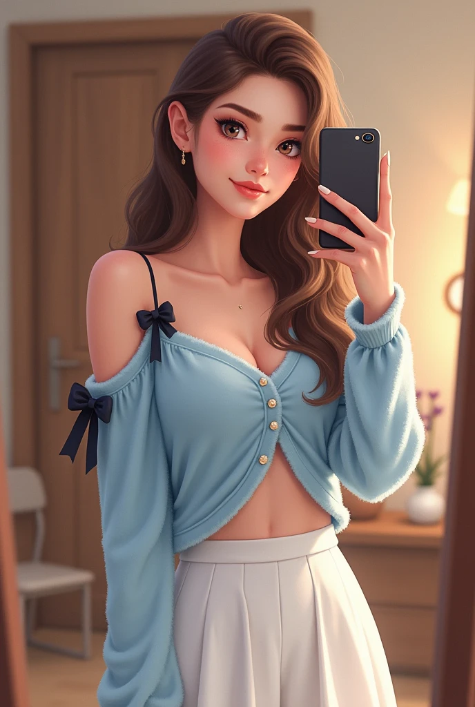 Create an illustration of a young woman with a stylish and modern appearance, standing in a cozy, warmly-lit indoor setting, such as a bedroom or a dressing room. The woman is taking a mirror selfie with her smartphone, capturing a confident and poised expression. She has long, soft brown hair styled in loose waves, which cascades down her back, with some hair gently tucked behind her ear. Her eyes are large and expressive, with a hint of subtle makeup accentuating her natural beauty.
The character is dressed in a trendy, pastel blue cropped cardigan with off-shoulder straps, revealing her shoulders and collarbone. The cardigan is made of a soft, fuzzy material, adding a cozy, inviting texture. The sleeves are detailed with delicate black ribbon bows along the forearms, adding a feminine touch. The cardigan is buttoned up with small, pearl-like buttons that catch the light, and the hemline is slightly asymmetrical, giving it a chic, modern look.
She pairs the cardigan with a high-waisted, pleated white skirt that flares out slightly, emphasizing her slender waist and creating a balanced, elegant silhouette. Her pose is relaxed yet confident, with one hand holding the smartphone up to capture the photo while the other lightly touches her hair or rests on her hip.
The background of the image should be neutral and uncluttered, with perhaps a glimpse of a wooden door or a softly lit vanity mirror, allowing the focus to remain on the character and her stylish outfit. The lighting is soft and flattering, casting a warm glow that enhances the cozy, intimate atmosphere of the scene. The overall composition should exude a sense of modern fashion and self-assured femininity, with attention to the details of her outfit and pose.
