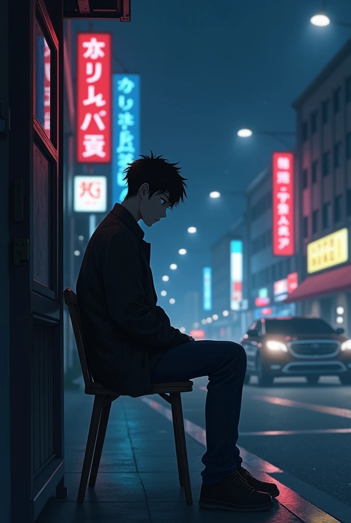 lonely man sitting on a chair in the city, city light, night, sad, anime, streets