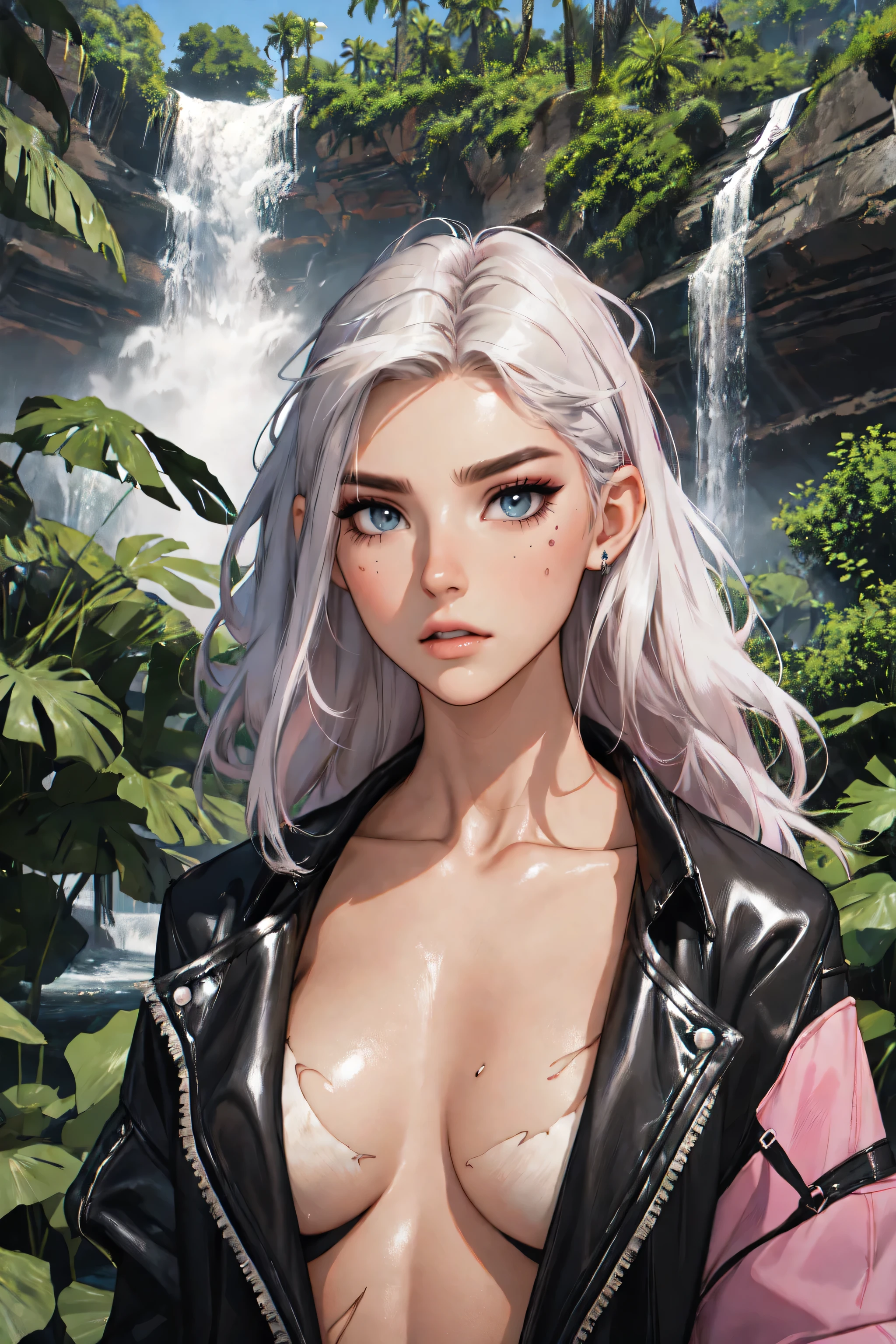 （lifelike， high - resolution：1.3）， 1 girl with a perfect body，slender body, Super fine face and eyes，assasin, dark makeup, shiny skin，white hair,((torn and ripped jungle clothes underneath sheer jacket)， Expose cleavage, extravagant makeup, pink eyeshadow, dark makeup shocked expression,  shiny skin, action pose, extravagant makeup, leopard print,t, savage lands, feral lands, (waterfall, soaked), grey blue eyes
