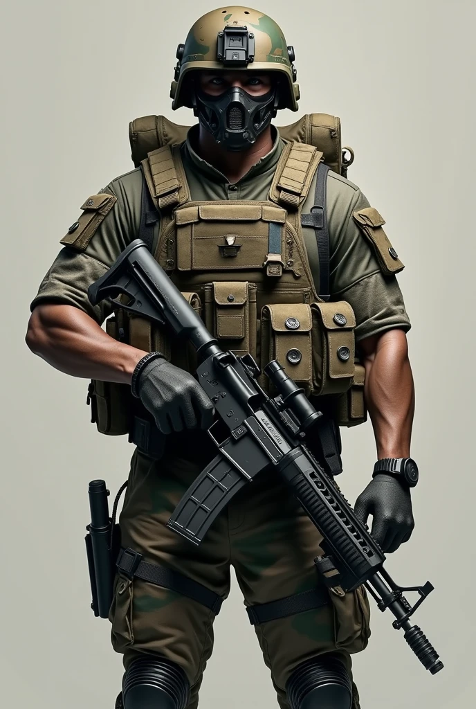 realistic indonesian armed soldier (TNI) KOPASSUS with full equipment, holding a high tech weapon and full kit, military bag, military armor