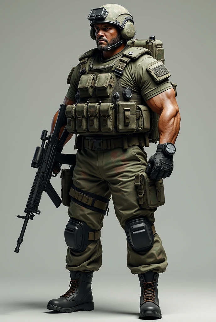 realistic indonesian armed soldier (TNI) KOPASSUS with full equipment, holding a high tech weapon and full kit, military bag, military armor