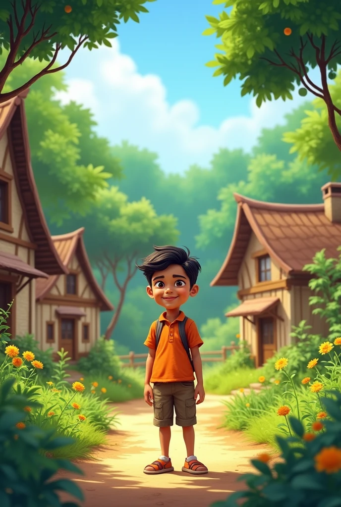 "A small, picturesque village with simple houses and a nearby forest. In the foreground, a cheerful eight-year-old boy named Rahul is standing, looking adventurous and full of life. The village is peaceful with lush greenery and a bright, clear sky."