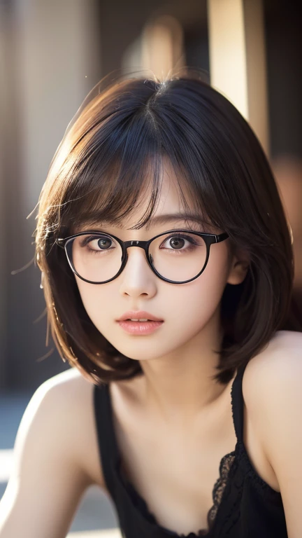 Tabletop、(masterpiece:1.3), (8k, Photorealistic: 1.4, RAW Photos, Best image quality: 1.4), Japanese Idols、Super detailed face、Attention to detail、Genuine、 double eyelid、Big and attractive eyes、Perfectly beautiful eyes、 Sharp focus:1.2、Beautiful woman:1.5、 Light brown hair、 Highest quality、masterpiece、Ultra-high resolution、Depth of written boundary、Perfect Shadow、(Photorealistic:1.4)、 Highly detailed and professional lighting、 Perfectly shaped、Symmetrical face、beautiful girl、Glowing Skin、Sharp focus, Perfect Anatomy,Realistic Light、Large black-rimmed glasses、realistic glasses、library、Full body view、